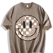 Retro Checkered Leopard Smiley vintage washed oversized T-shirt in Brown