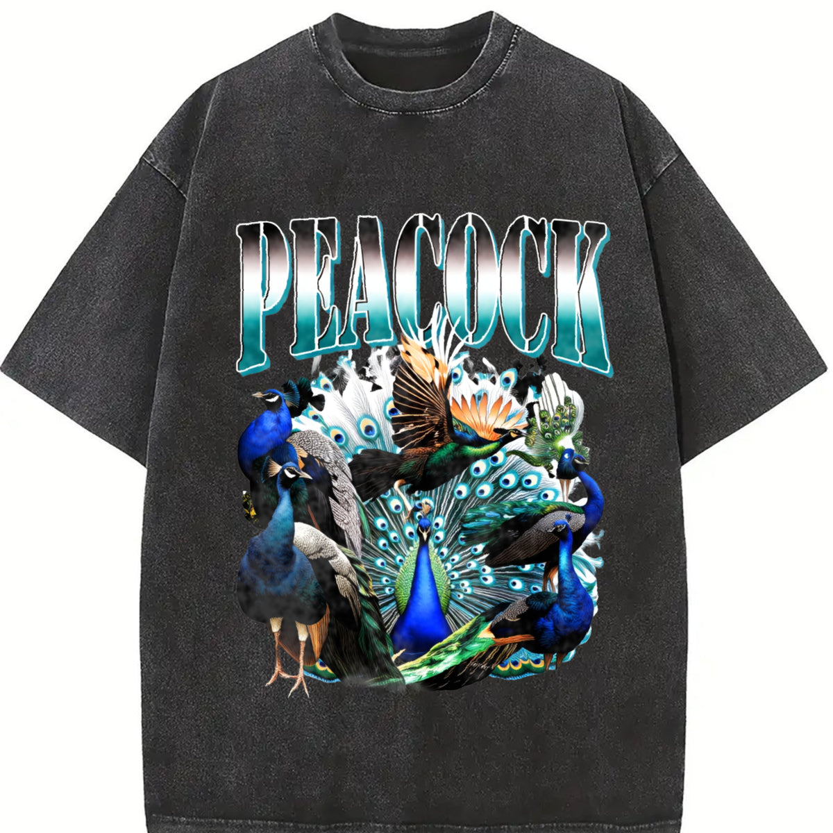 Peacock Retro Bird Lover Vintage Washed T-Shirt in Black