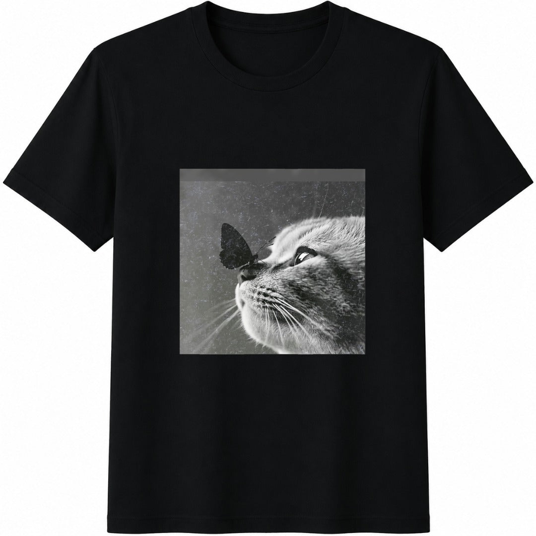 Cat Butterfly Black White Minimalist Cotton T-Shirt in Black