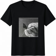 Cat Butterfly Black White Minimalist Cotton T-Shirt in Black