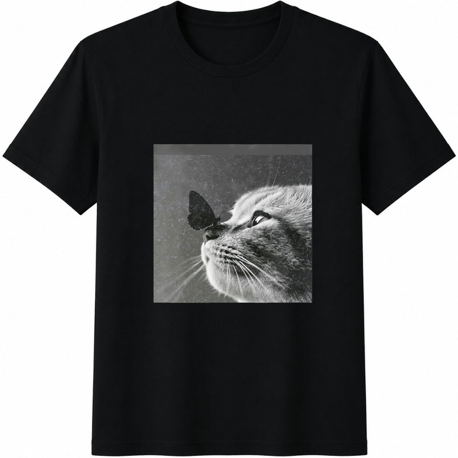 Cat Butterfly Black White Minimalist Cotton T-Shirt in Black