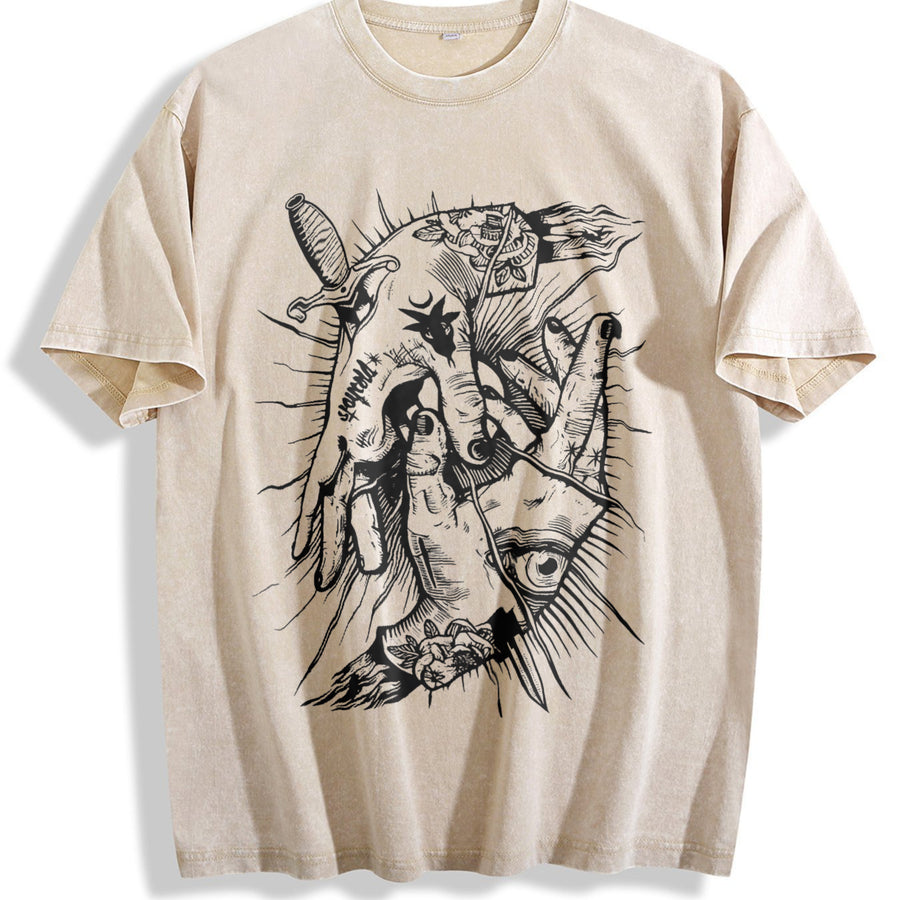 Occult Hands Eye Vest Vintage Washed T-Shirt in Beige