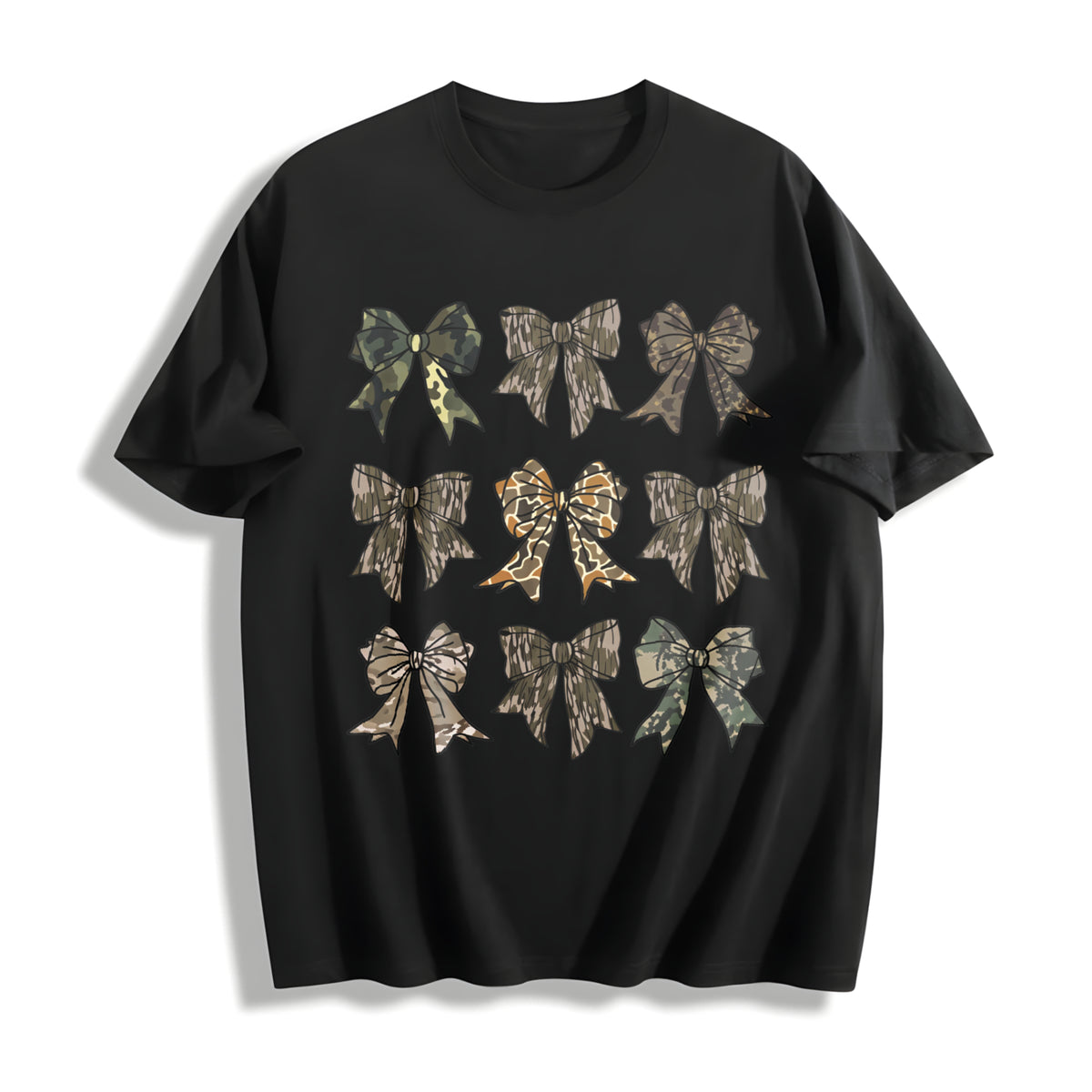 Retro Camo Coquette Bow Cotton T-Shirt in Black