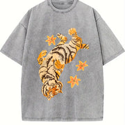 Pure with Tiger Short Sleeved and Slightly Elastic Vintage Washed T-Shirt in Gray