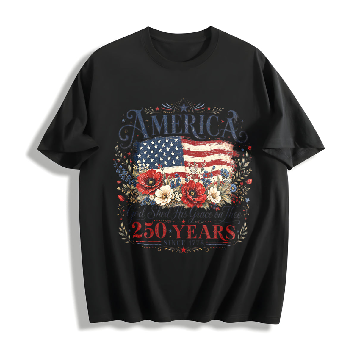 America 250 Years Flag & Poppies Cotton T-Shirt in Black