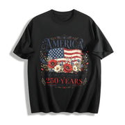 America 250 Years Flag & Poppies Cotton T-Shirt in Black