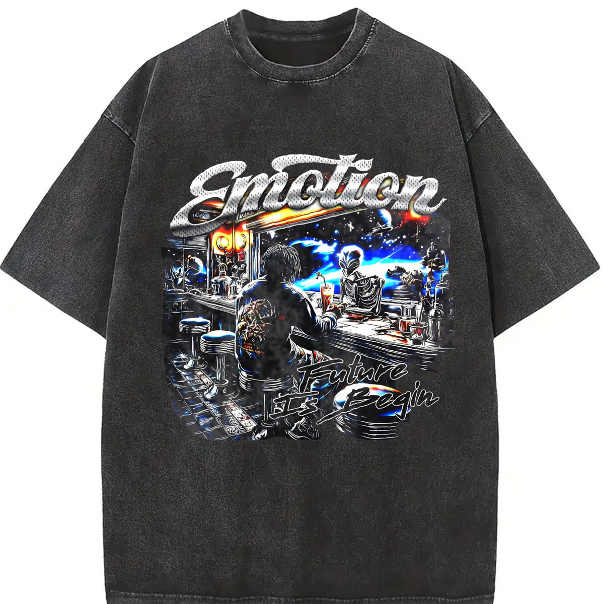 Emotion Future Begin Alien Skeleton Bar Sleeveless Tank Vintage Washed T-Shirt in Black