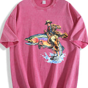 Cowboy Riding Trout Western Fishing Retro Vintage Washed T-Shirt in Red