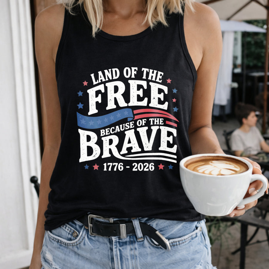 Land of the Free Because of the Brave Women's Color Cotton Tank Top in Black
