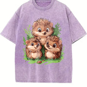 A Round-neck Short-sleeve with Three Brown Hedgehogs Vintage Washed T-Shirt in Purple