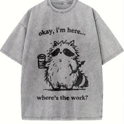 Cute Raccoon Work Coffee Vintage Washed T-Shirt in Gray