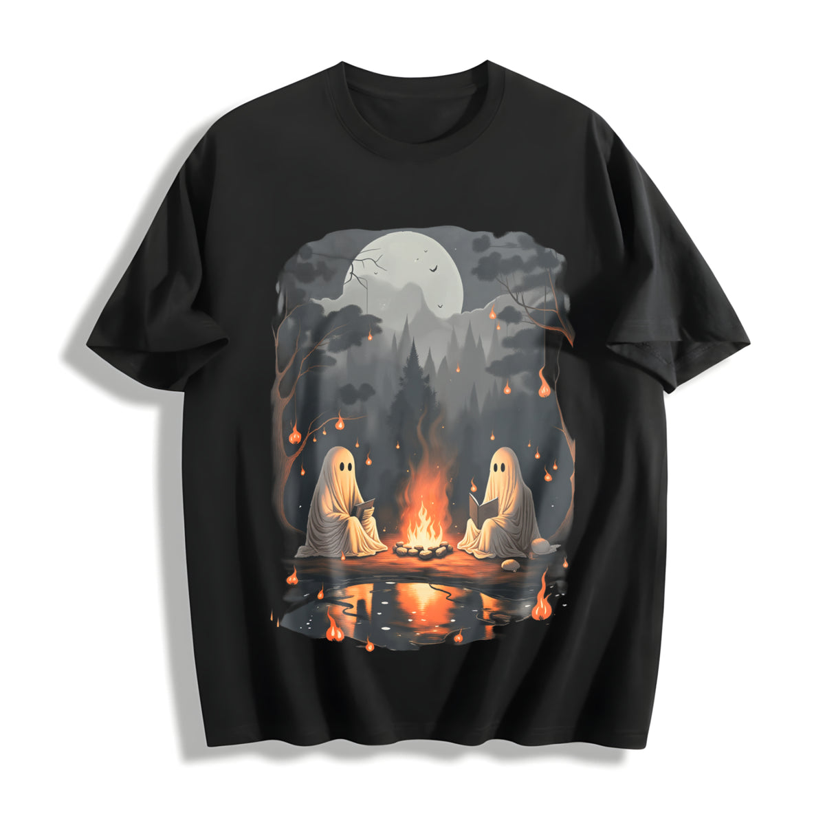 Teacher Halloween Ghost Book Reading Camping Cotton T-Shirt in Black