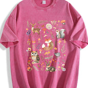 With Forest Animals and Flowers Vintage Washed T-Shirt in Red