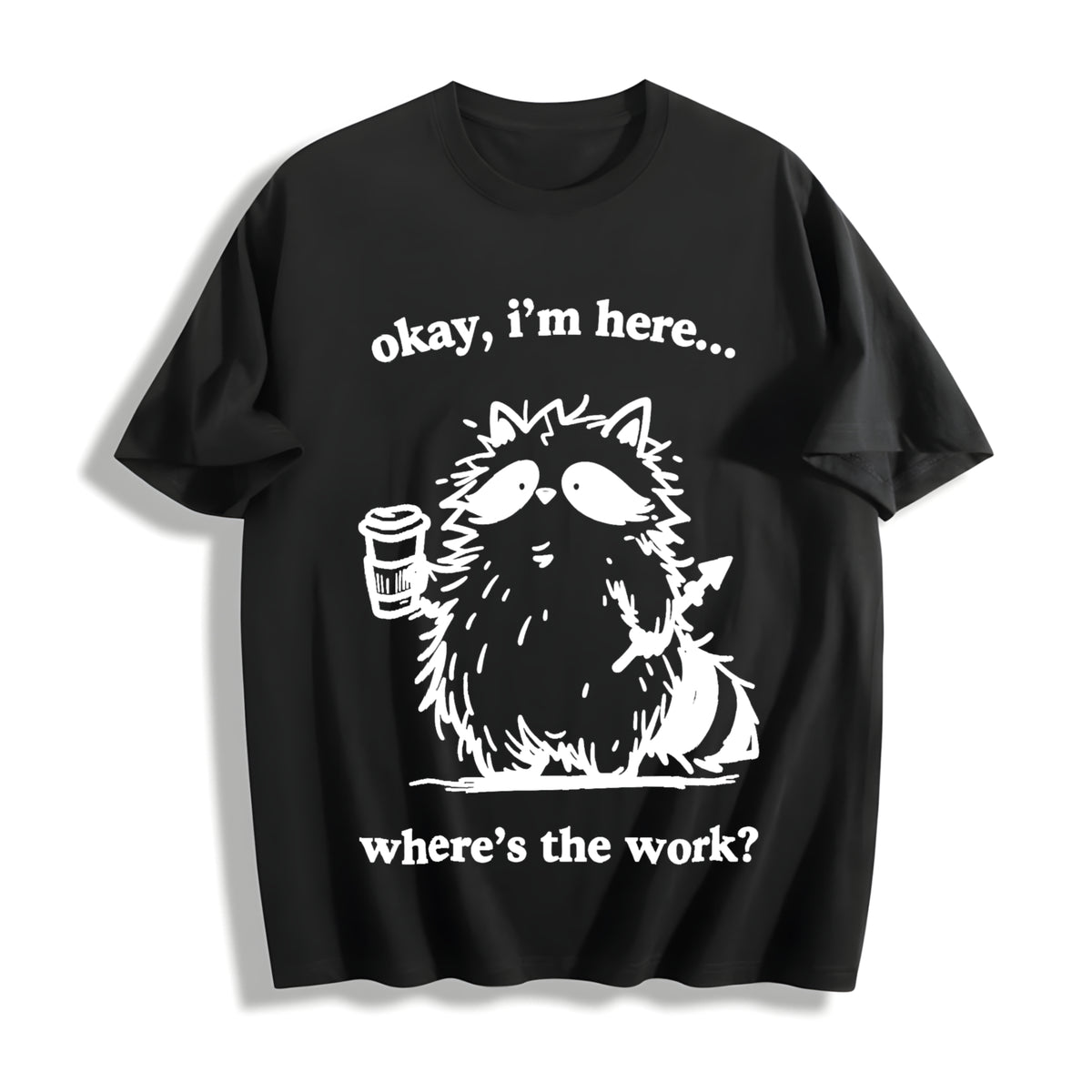 Cute Raccoon Work Coffee Cotton T-Shirt in Black