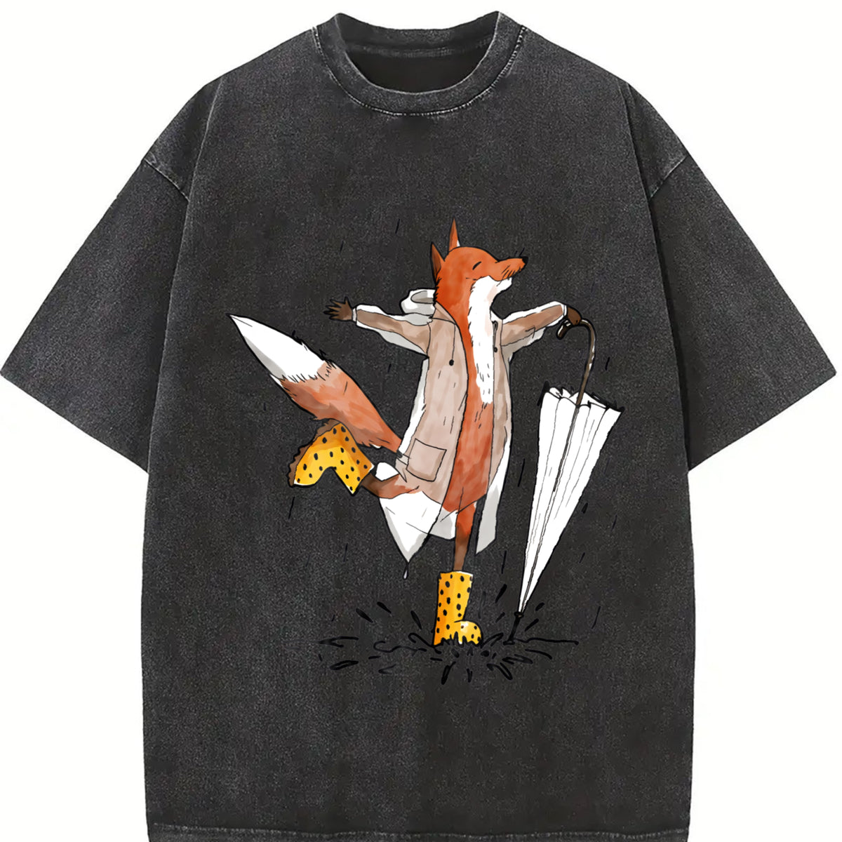 Fox in the Rain Fashionable Vintage Washed T-Shirt in Black