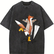 Fox in the Rain Fashionable Vintage Washed T-Shirt in Black