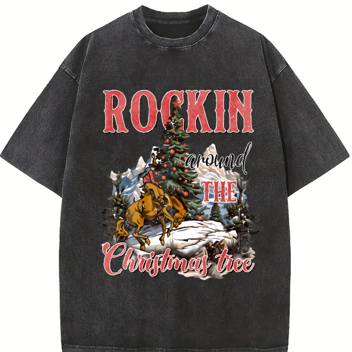 Retro Rocking Around the Christmas Tree Cute Teenager Vintage Washed T-Shirt in Black