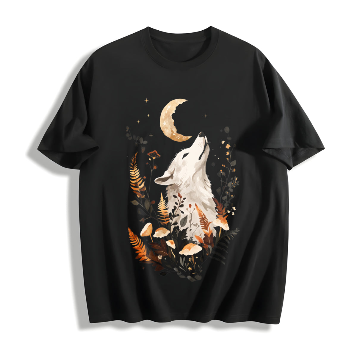 Autumn Looking Up Noble Elegant White Fox Cotton T-Shirt in Black