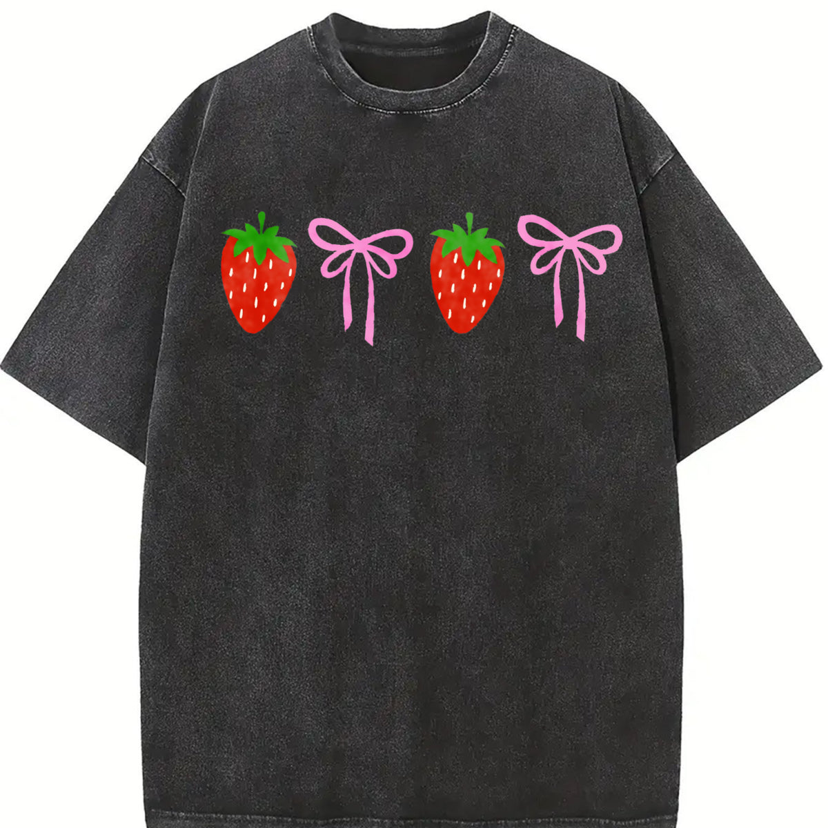 Strawberry Bow Embroidered Vintage Washed T-Shirt in Black
