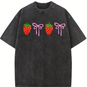 Strawberry Bow Embroidered Vintage Washed T-Shirt in Black