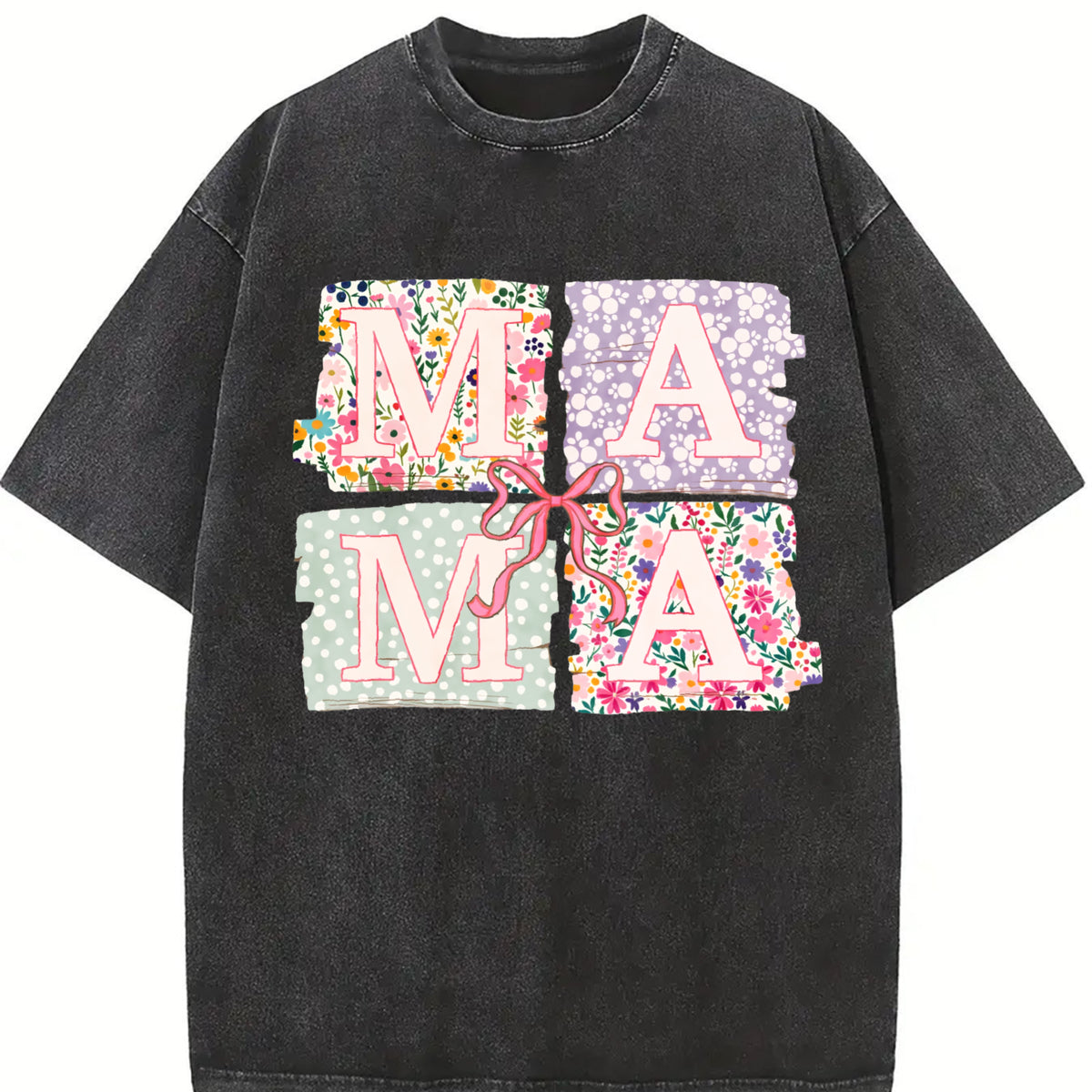 Coquette Bow Mama Floral Mom Vintage Washed T-Shirt in Black