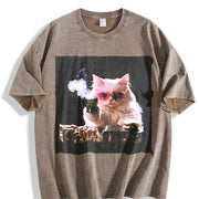 Cute Cat Kitten Vintage Washed T-Shirt in Brown