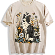 Dog Short-sleeve Blouse with Cute Puppy & Canine Patterns Vintage Washed T-Shirt in Beige