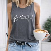 Beautiful Heart Script Crew-neck Sleeveless Vest Outdoor Women's Color Cotton Tank Top in Gray