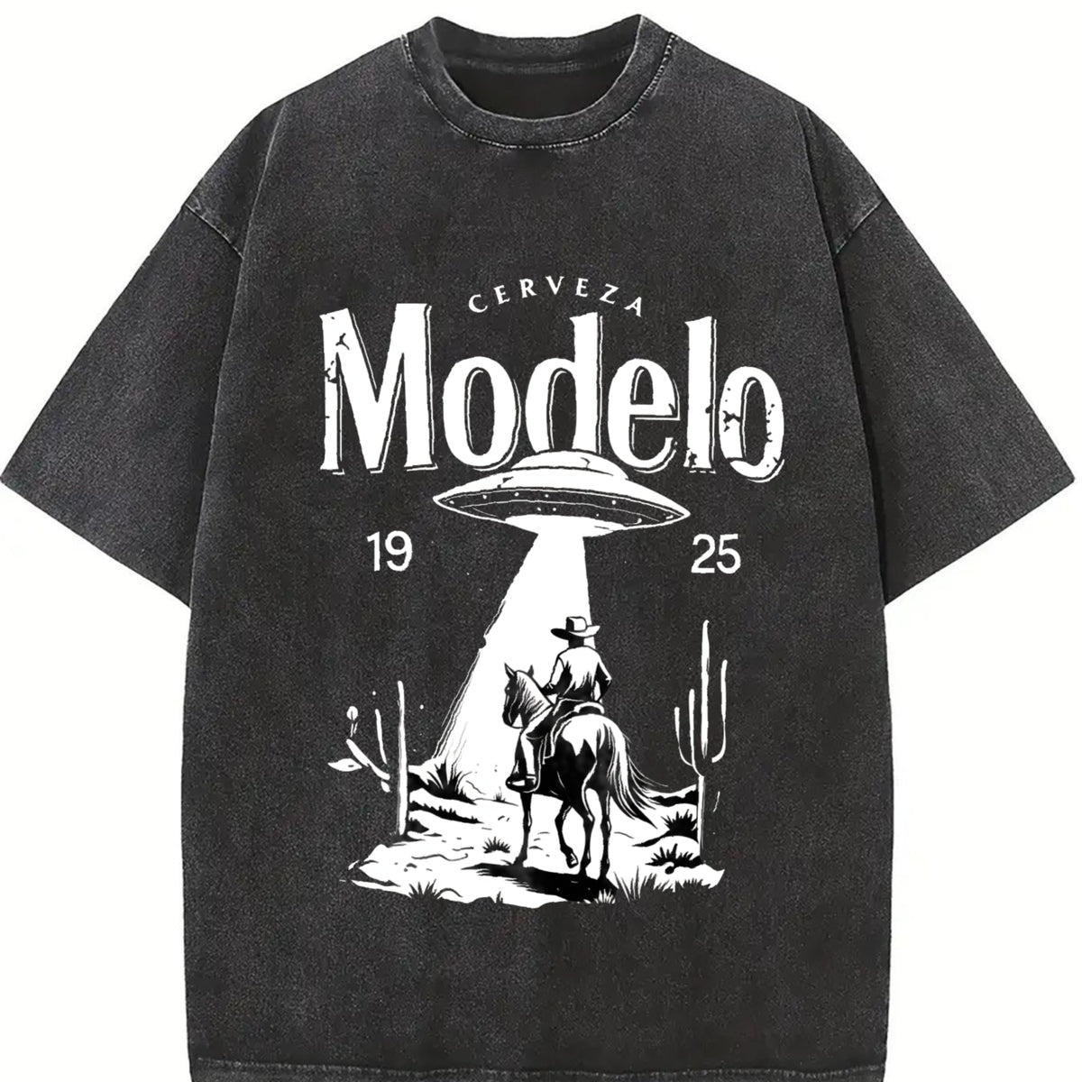 Modelo UFO Cowboy Retro with Cerveza Modelo Letter Vintage Washed T-Shirt in Black