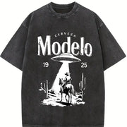 Modelo UFO Cowboy Retro with Cerveza Modelo Letter Vintage Washed T-Shirt in Black