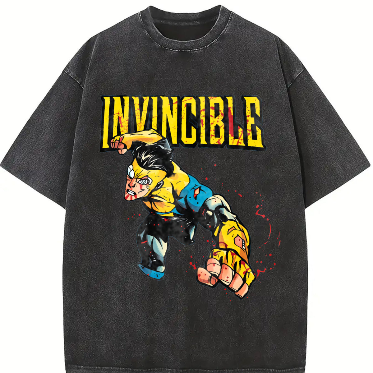 Retro Invincible Mark Grayson Superhero Vintage Washed T-Shirt in Black