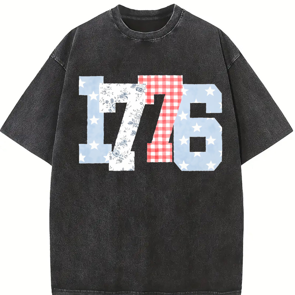 1776 Plaid Floral Star Number Vintage Washed T-Shirt in Black