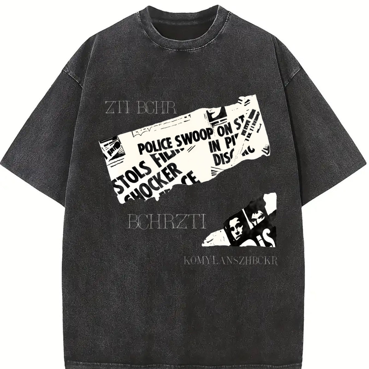 Distressed Short-sleeved American Retro Vintage Washed T-Shirt in Black