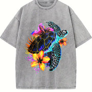 Sea Turtle Hawaiian Flowers Hawaii Scuba Diving Diver vintage washed oversized T-shirt in Gray