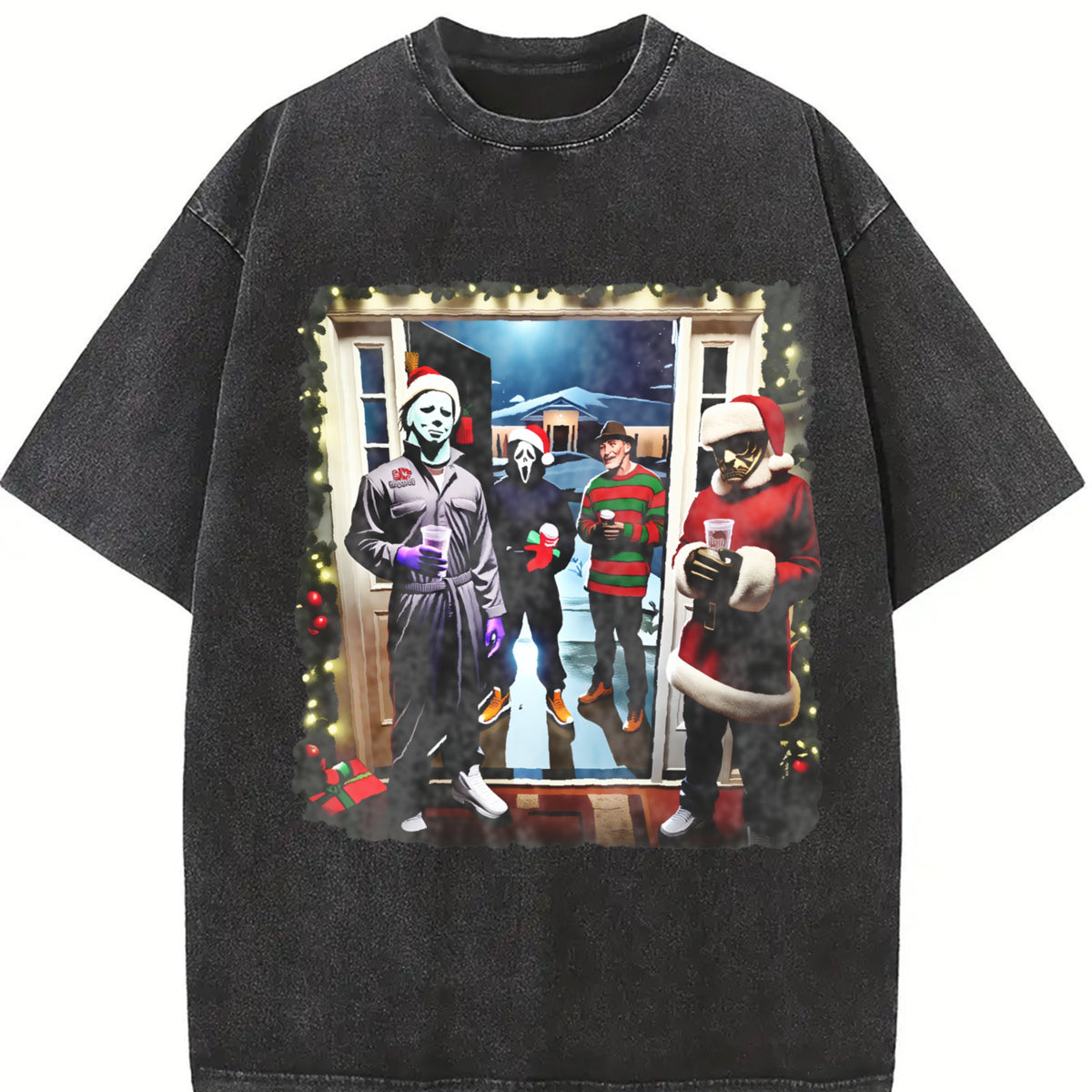 Retro Christmas Horror Movies Vintage Washed T-Shirt in Black