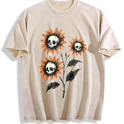 Skull Sunflowers Gothic Goth Creepy Cute Alt Grunge Y2K Vintage Washed T-Shirt in Beige