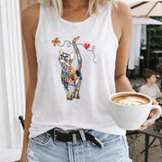 Cat & Floral Tank Sleeveless V-neck Women's Color Cotton Tank Top in White