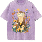 Short-sleeve with Otter & Botanical Vintage Washed T-Shirt in Purple