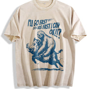 Retro Sloth Riding a Boar 90s Vintage Washed T-Shirt in Beige