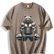Bear Powerlifting Weightlifting Gym Workout Vintage Washed T-Shirt in Brown