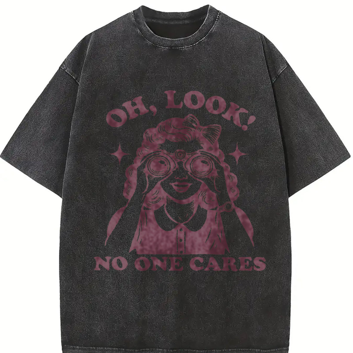Oh Look No One Cares Retro Woman Vintage Washed T-Shirt in Black