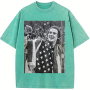 USA Olympic Gold Medal Hockey Jack Hughes Vintage Washed T-Shirt in Blue
