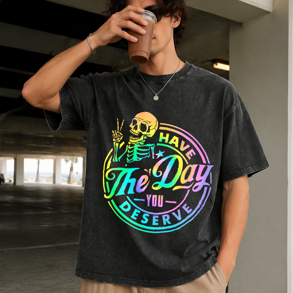 Have the Day You Deserve Skeleton Tie Dye Motivational Vintage Washed T-Shirt in Black