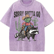 Raccoon Cowboy Frog Retro Vintage Washed T-Shirt in Purple