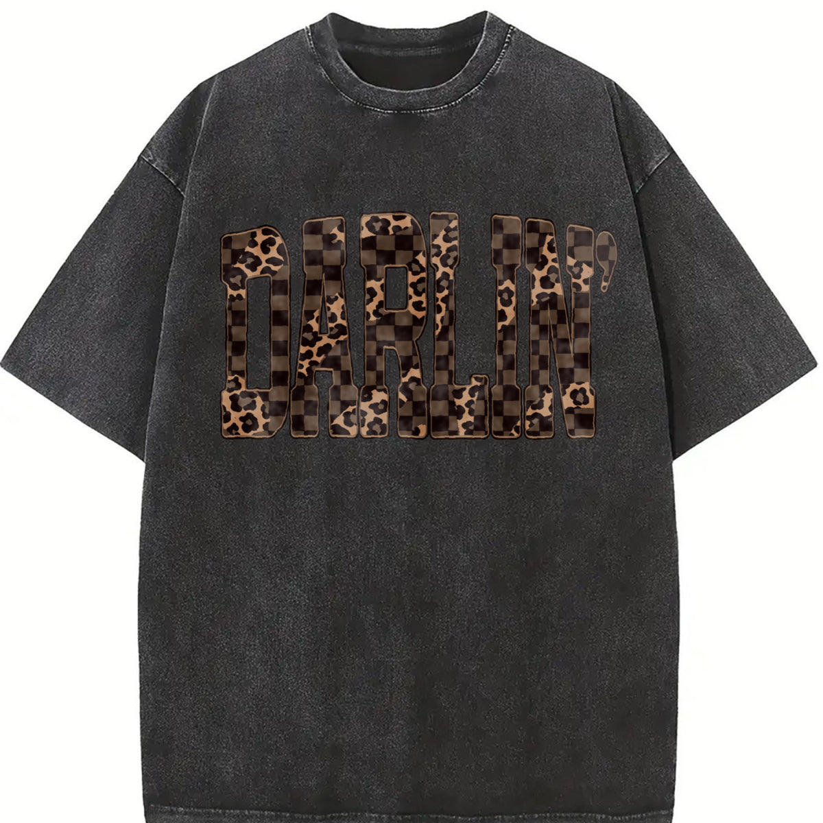 Retro Western Checkered Leopard Western Concert vintage washed oversized T-shirt in Black