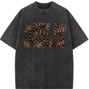 Retro Western Checkered Leopard Western Concert vintage washed oversized T-shirt in Black