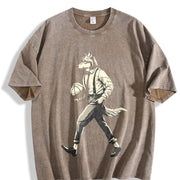Retro Wolf Man Basketball 90s Vintage Washed T-Shirt in Brown
