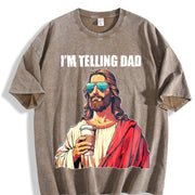 I'm Telling Dad Jesus with Beer Vintage Washed T-Shirt in Brown