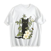 Animal Floral Cat 1pc Cotton T-Shirt in White