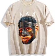 Bron James Mask Masked Bron Basketball King vintage washed oversized T-shirt in Beige
